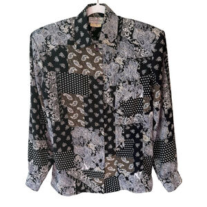 Lez Lapidus Vintage 90s Black and White Patchwork Shirt Size 8P Boho Retro Artsy
